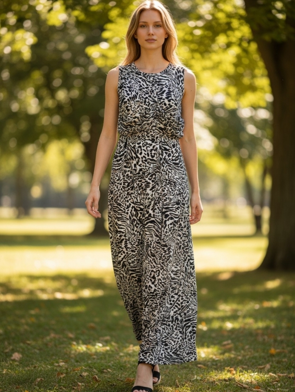Michael Kors Black and White Sleeveless Animal Print Jumpsuit